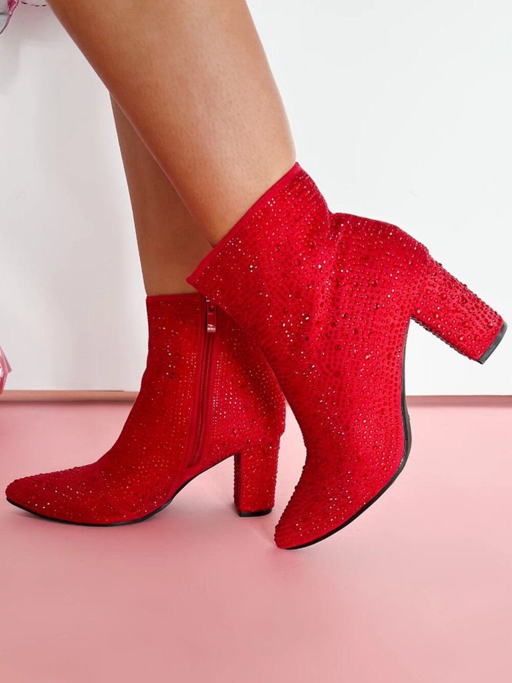 NEW🔥 Red Rhinestone Crystal Block High Heel Ankle Boots Booties Pointed Toe Zip - Picture 4 of 5